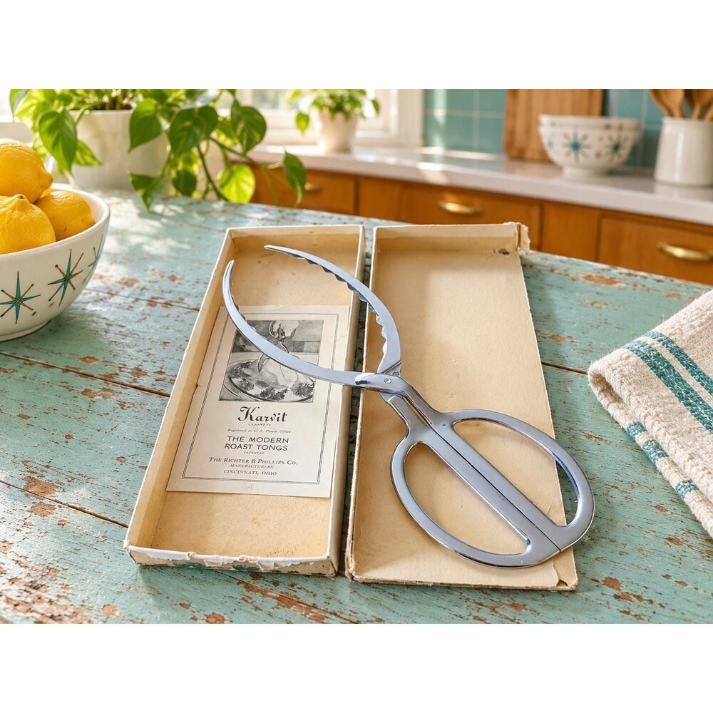 Vintage Karvit Roast Tongs Richter & Phillips Chrome 11” w/ Box c.1940s